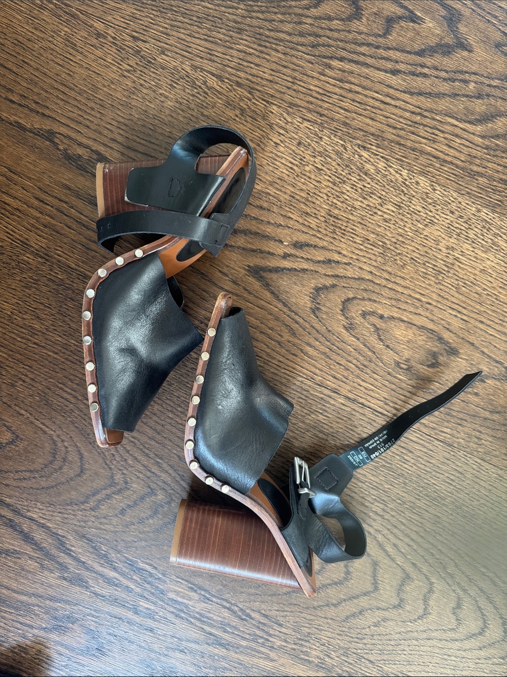 Zara Black Leather Studded Block Heel Sandals
